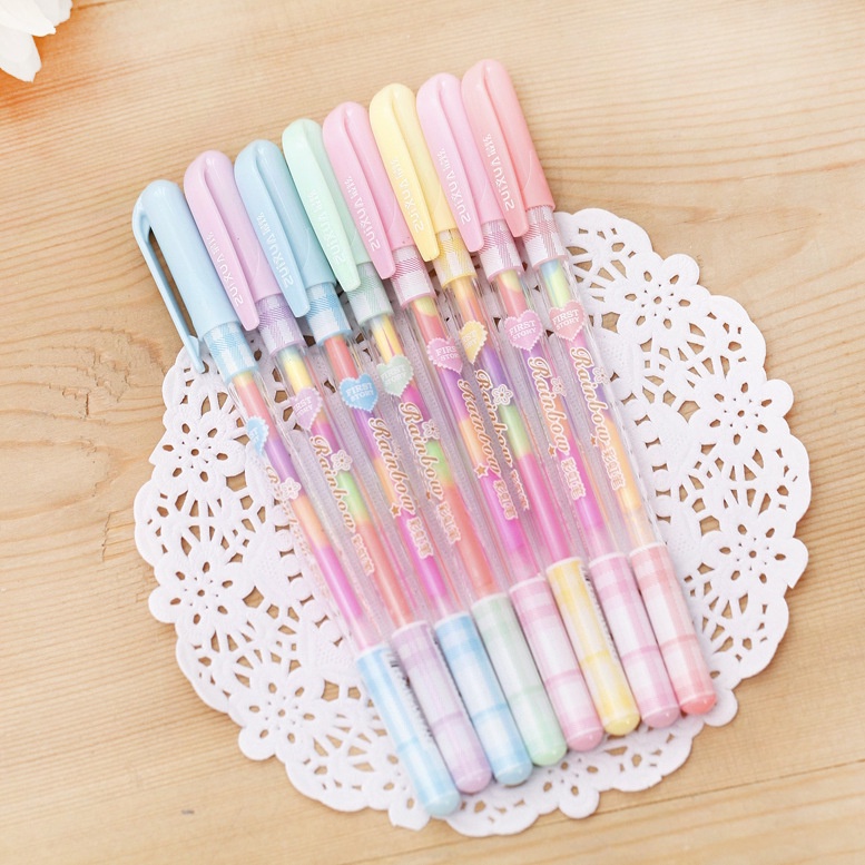 1pc Cute Kawaii Rainbow Stabilo Alat Tulis 6warna Gradiasi Ball Point Pen Fluorescence Drawing Untuk Kantor Sekolah Pena Menulis