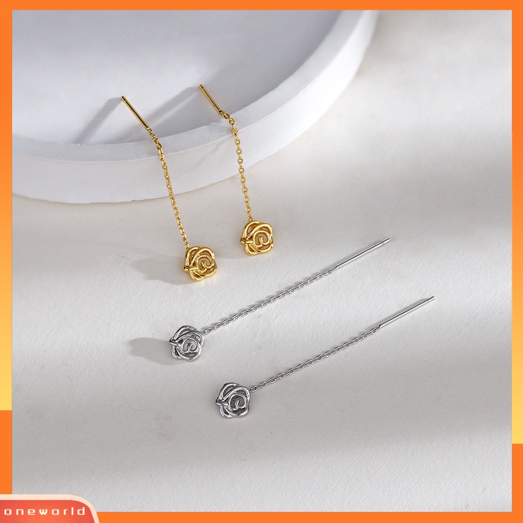 [EONE] 1pasang Wanita Drop Earrings Bersinar Berongga-out Bunga Mawar Garis Rantai Gaya Elegan Dekorasi Telinga Warna Emas/Perak Panjang Liontin Anting Perjamuan Pesta Perhiasan Hadiah