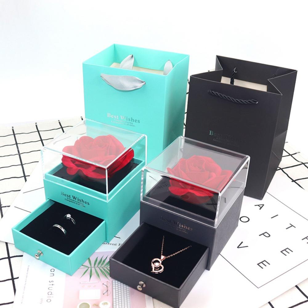 Mxbeauty Rose Jewelry Box Portable Acrylic Artificial Cantik Dengan Jendela Transparan Kotak Hadiah Perhiasan