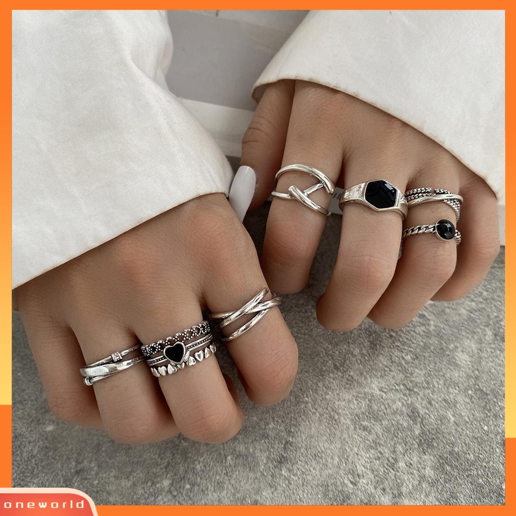 [EONE] 7pcs/set Wanita Cincin Punk Geometris Berlian Imitasi Hias Electroplating Terang Kilau Dekorasi Hadiah Wanita Cross Heart Knuckle Rings Trendy Perhiasan Untuk Pacaran