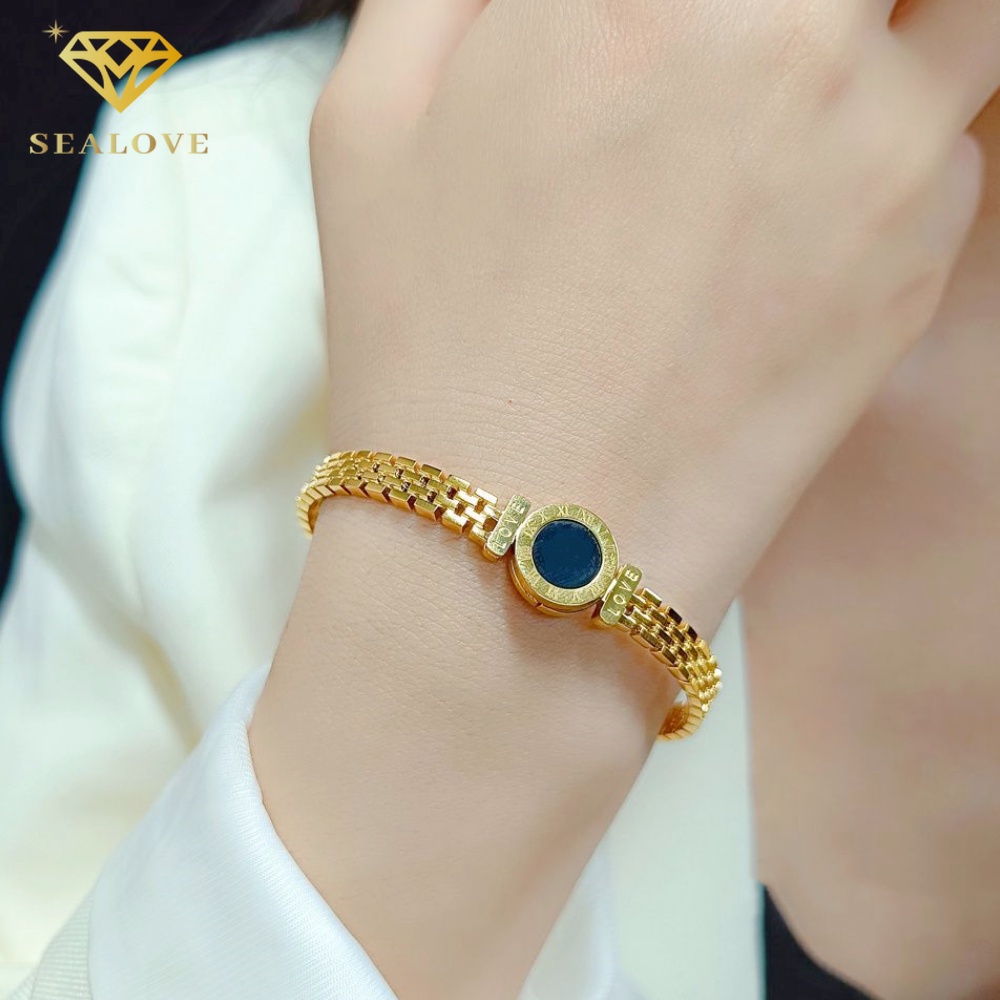 Gelang titanium Wanita Anti Karat Bulat Hitam Romawi Emas 18K Bangle Aksesoris Mewah Korean Style COD