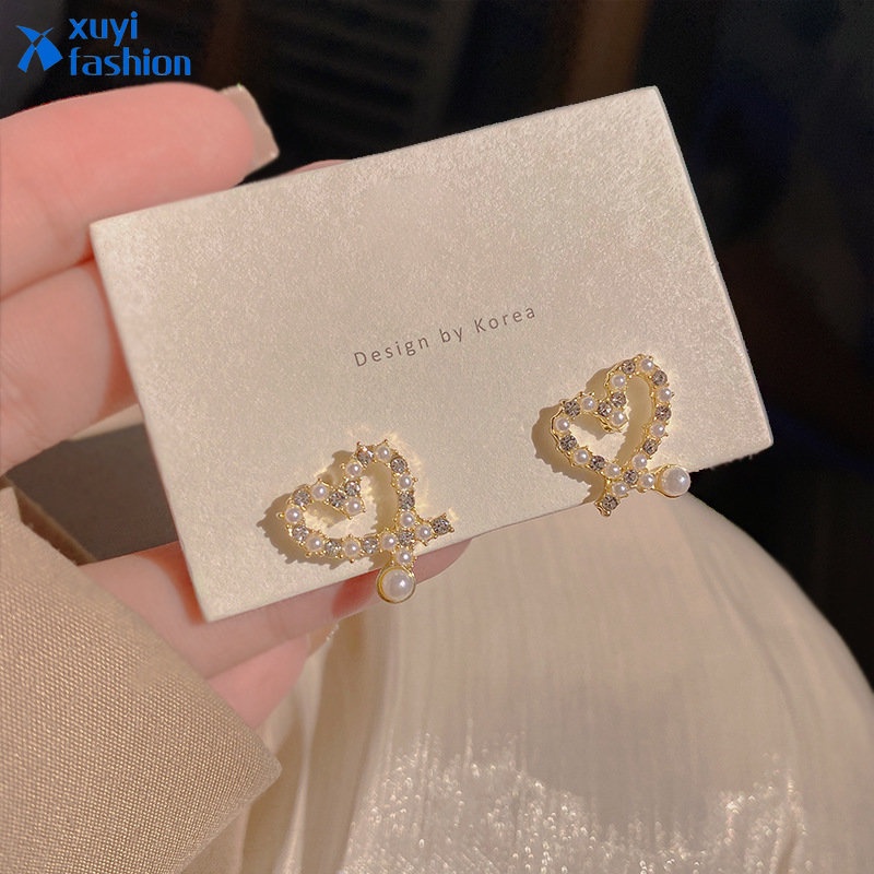 Anting Tusuk Mutiara Kristal Elegan Hati Hollow Out Anting Emas Untuk Aksesoris Perhiasan Wanita