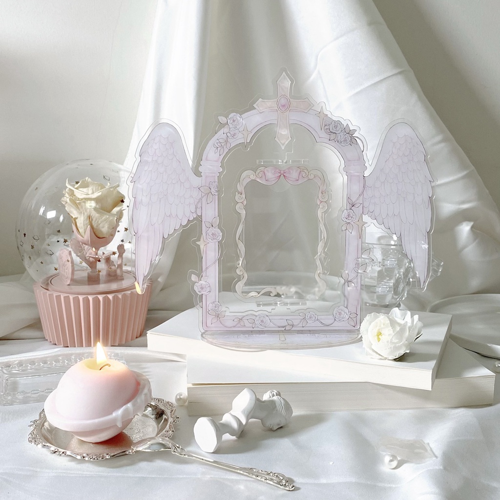 Bingkai Foto Malaikat Lucu Dudukan Kartu Akrilik Yang Dapat Diputar Untuk Idola Photocard Case Pelindung 3inch Desktop Display Frame