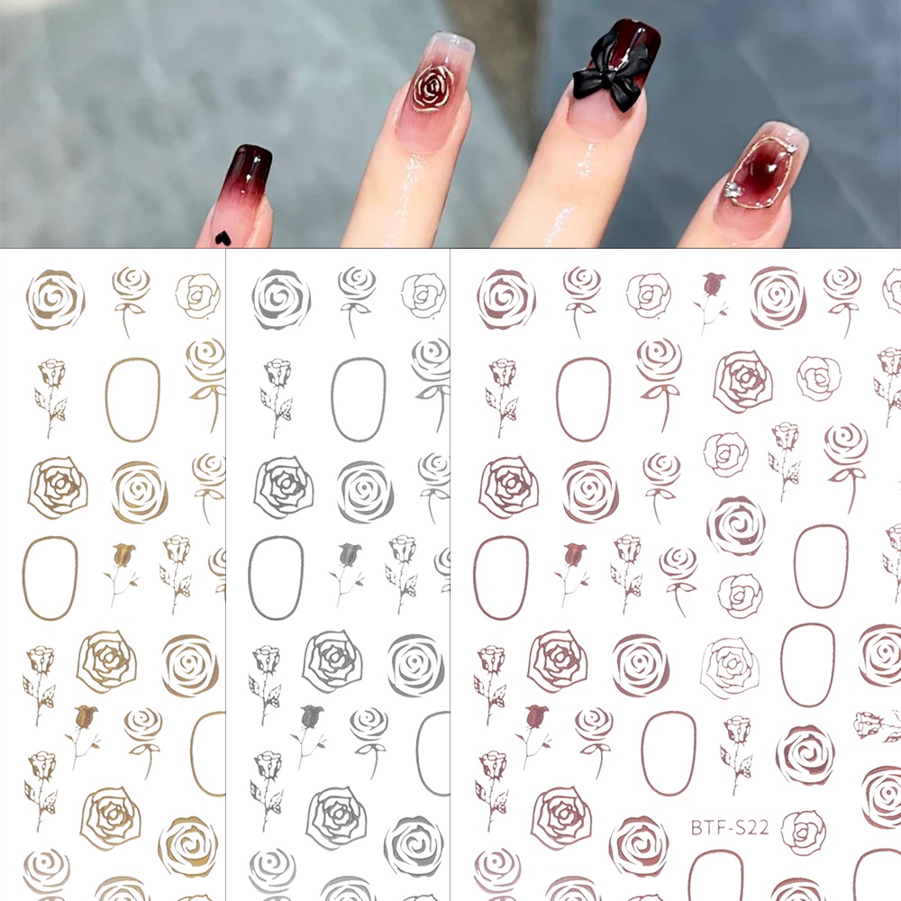 [Unggulan] 1pc 3D Self-Adhesive Bronzing Bunga Kuku Decals Pure Desire Wind Retro Rose Nail Stiker Emas Perak Manicure Decor DIY Nail Art Nail Tools Untuk Wanita