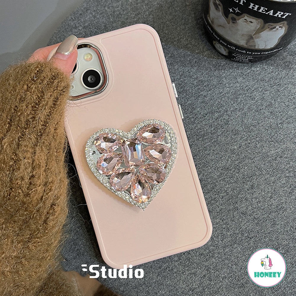 IPHONE Mewah Kristal Berlian Cinta Hati Cermin Ring Holder Stand Soft Phone Case Untuk Iphone11 13 Pro Max14 12 Pro 11 Cover