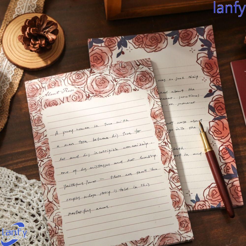 Lanfy Kertas Tulisan Aesthetic Retro Motif Bunga Mawar Perlengkapan Kantor Sekolah Romantis Immortality Diary Memo Pad