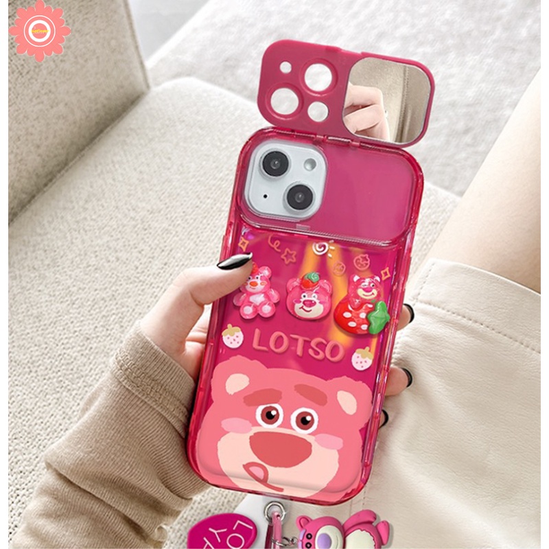 3d Mainan Kartun Strawberry Bear Cute Manyo Case Untuk Oppo A53 A57 2022 A12 A15 A15s A9 A5 A31 A33 2020 A7 A3s A5s A77 A35 A77S A11K Flip Make Up Cermin Shockproof Soft Cover