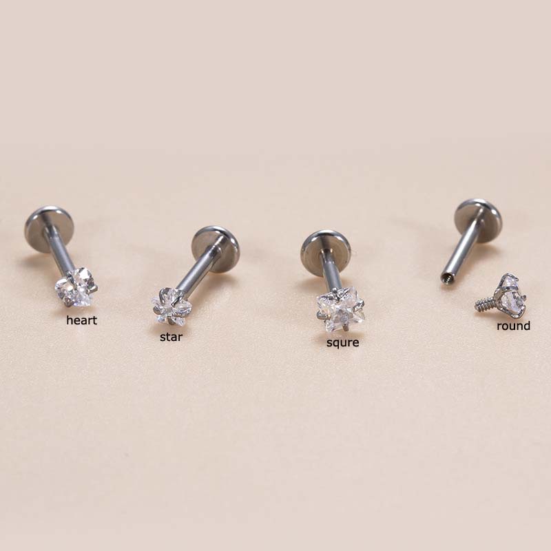 1biji 16Gauge Labret Stud Bibir Helix Tragus Perhiasan Tindik Tubuh Stainless Steel Zirkon Bulat Hati Bintang Bentuk Persegi