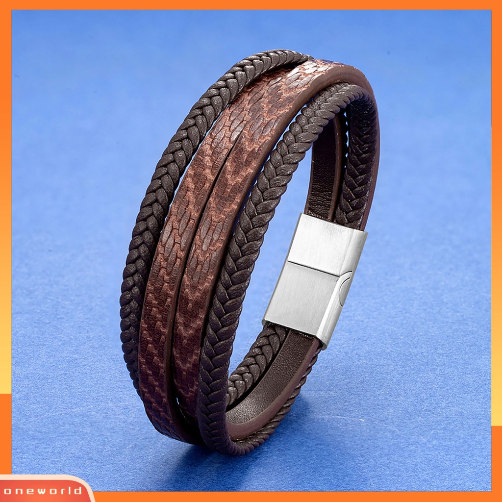 [ONE] Pria Gelang Vintage ic Gesper Anyaman Buatan Tangan Geometris Hias Hadiah Multilayer Bungkus Kulit Imitasi Laki-Laki Bangle Perhiasan Untuk Kehidupan Sehari-Hari