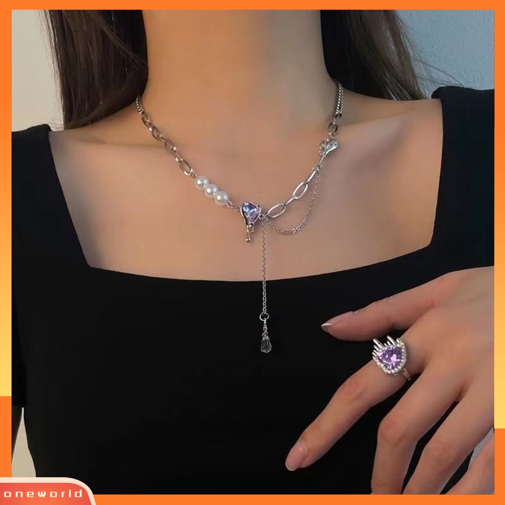 [EONE] Charm Kalung Rumbai Rantai Gaya Senada Electroplating Faux Pearl Personality Neck Decoration Charming Accessories Love Heart Faux Crystal Pendant Necklace Untuk Kehidupan Sehari-Hari