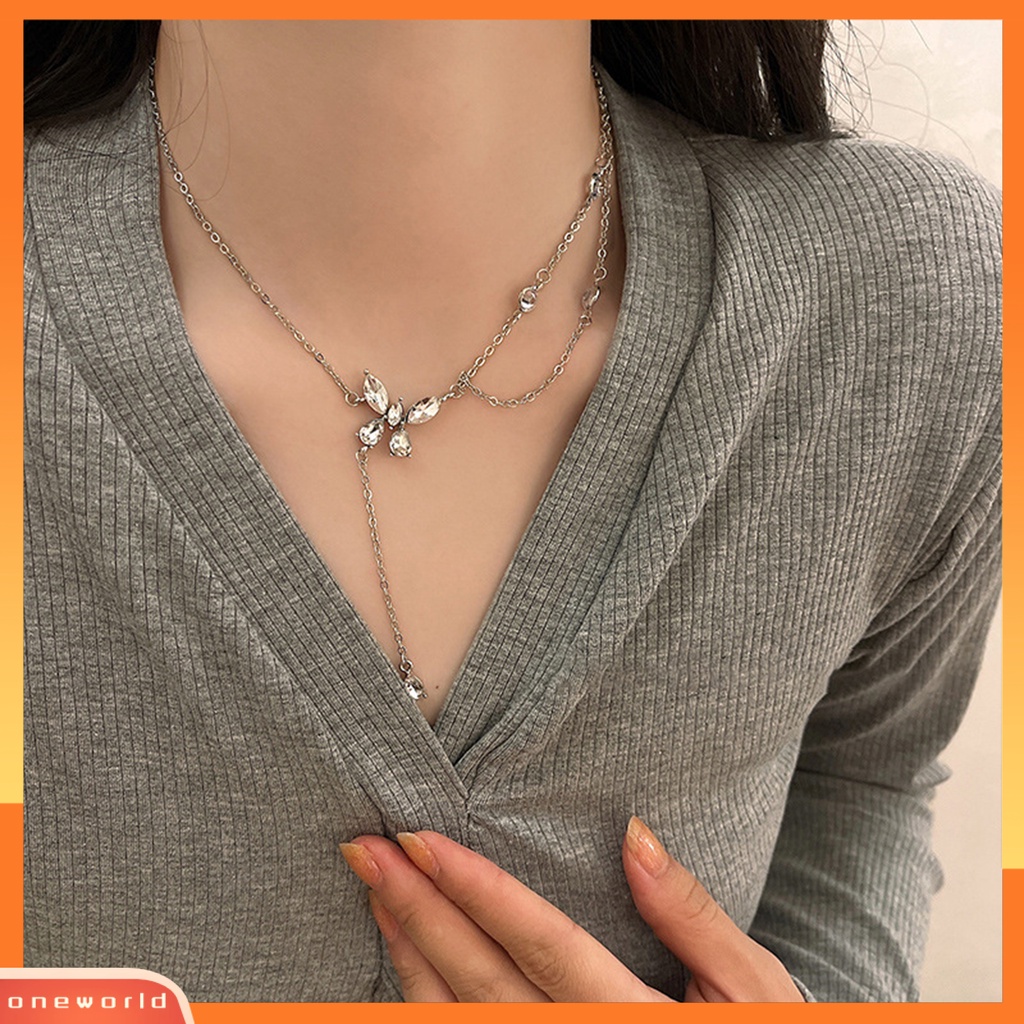 [EONE] Wanita Kalung Double-layer Asimetris Elegan Berlian Imitasi Bertatahkan Kupu-Kupu Klavikula Kalung Fashion Perhiasan