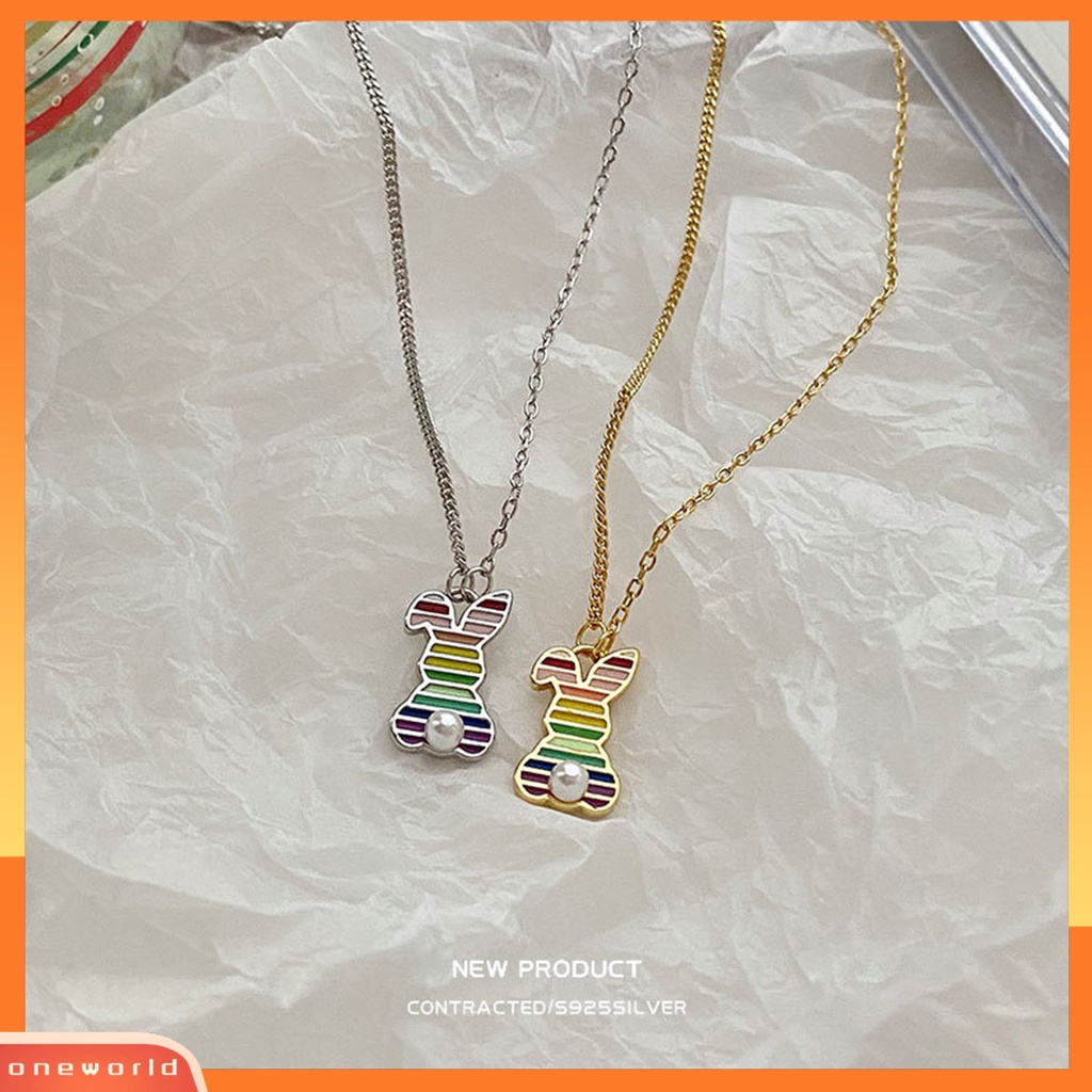 [EONE] Wanita Kalung Rainbow Oil-dripping Bergaris Mutiara Imitasi Elegan Kelinci Liontin Klavikula Kalung Fashion Perhiasan