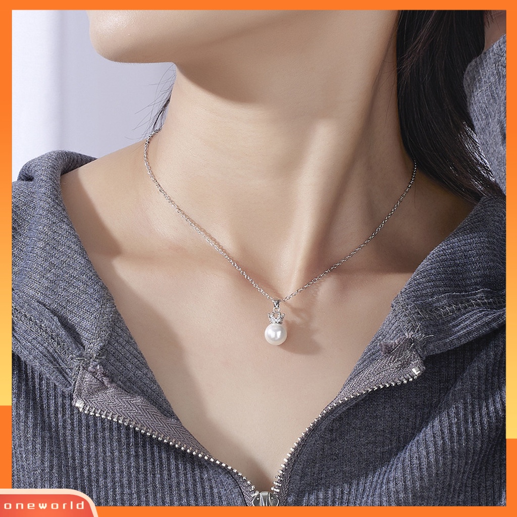 [EONE] Rantai Klavikula Bentuk Mahkota Bersinar Liontin Mutiara Imitasi Finishing Terang Anti Karat Berdandan Colorfast Bulat Liontin Kalung Aksesori Pakaian