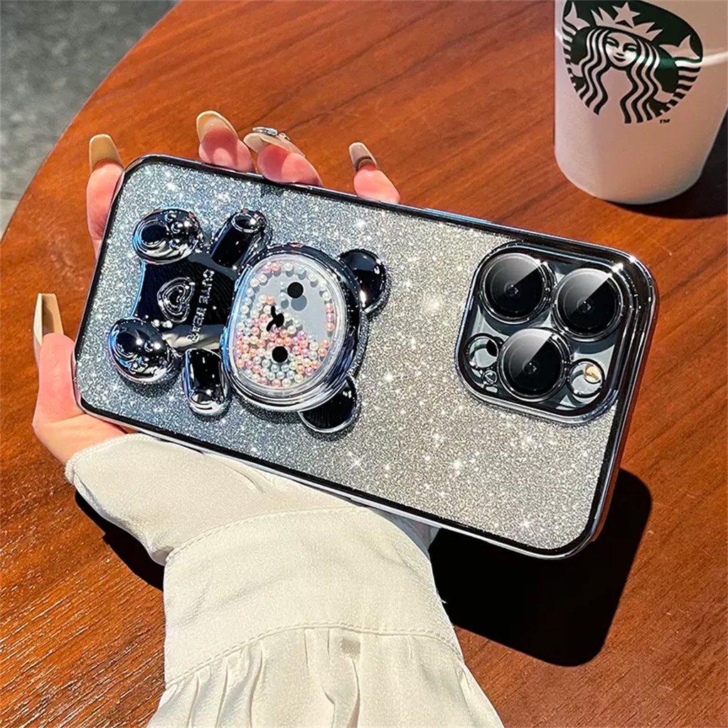 Case iPhone 14 Pro Max Pelindung Kamera Lensa Case Iphone12 13 Pro Max 11 Pro Max14 Plus Pelindung Shockproof Case Dengan Beruang Twinkle Dengan Stand, Aesthetic Lucu