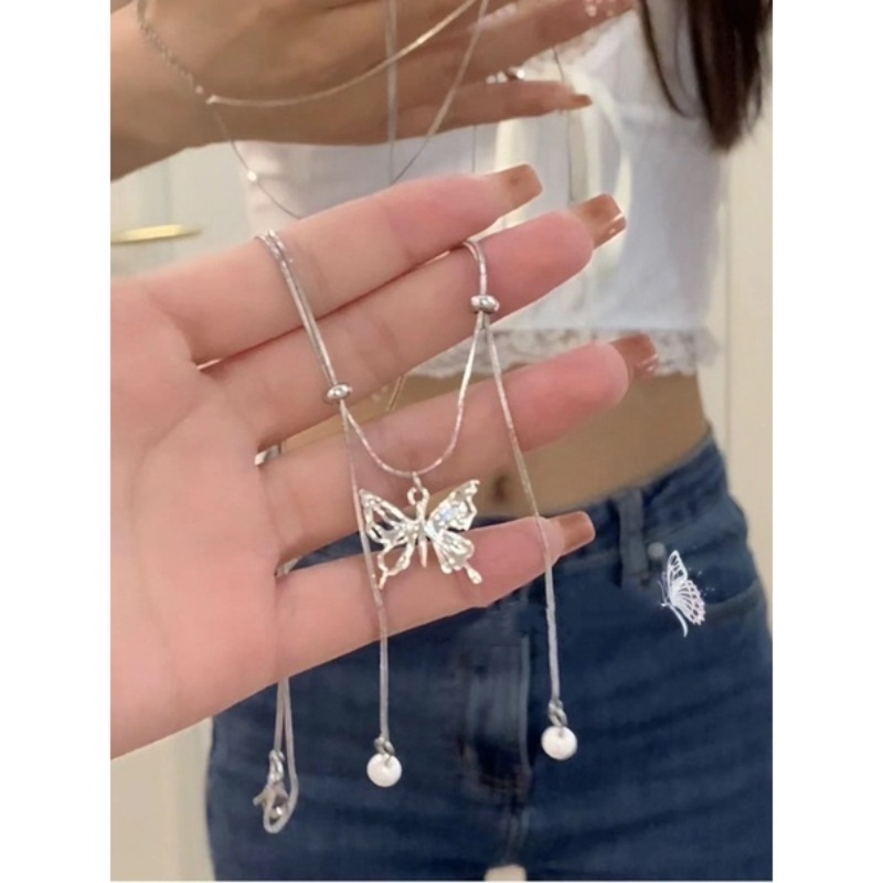 Ahellogirl2023fashion Zirkon Kupu-Kupu Mutiara Rumbai Adjustable Tarik Kalungbutterfly Menarik Tetes Air Perak Kalung Kepribadian Modis Kupu-Kupu Rumbai Kalung