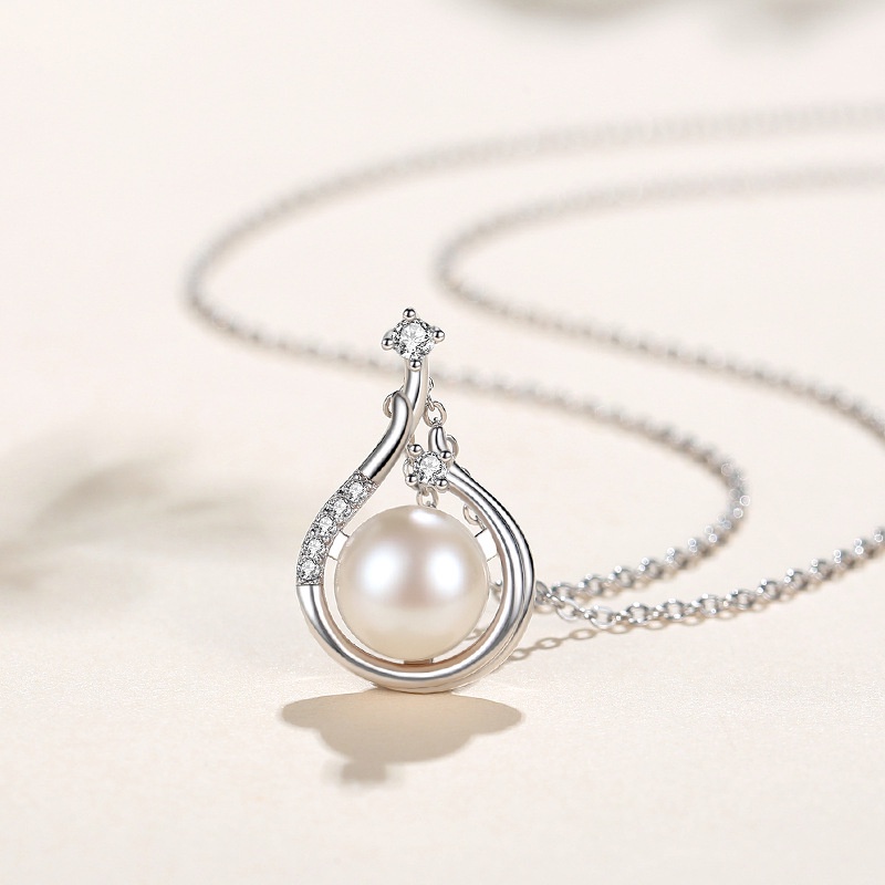 Kalung Mutiara Air Tawar Perempuan Musim Panas Sterling Silver Retro Berlian Penuh Sederhana Gaya Ibu Rantai Klavikula Fashion Liontin Geometris Hadiah Memberikan