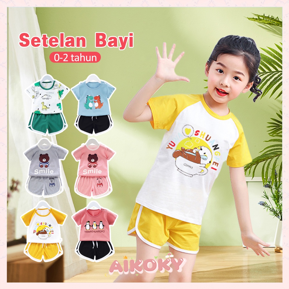 Aikoky 0-2 Tahun Setelan Pendek Anak Bayi / Baju Bayi  / Kaos Bayi Motif