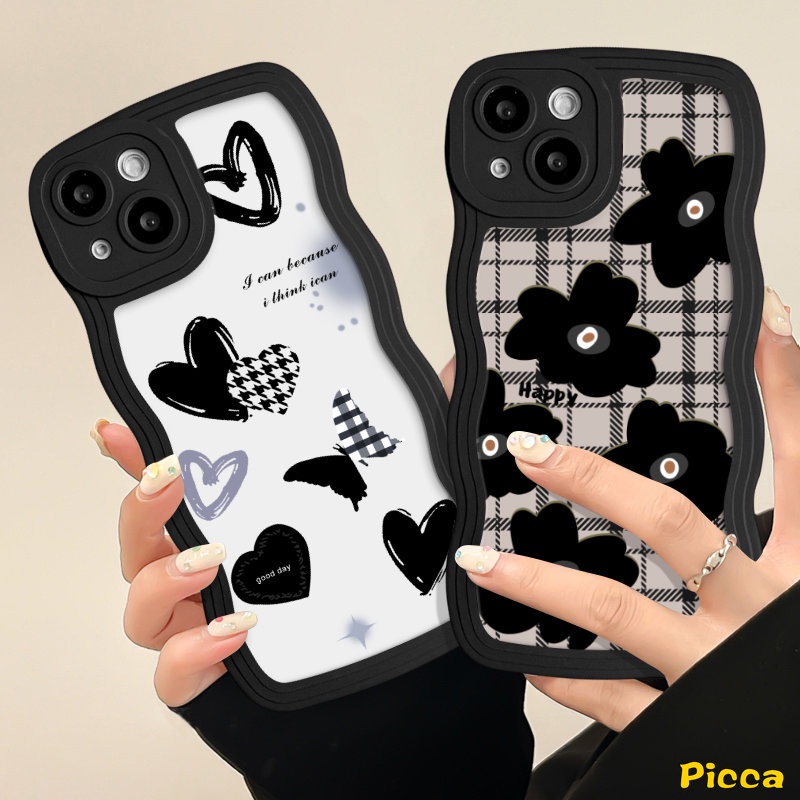 Case Untuk Redmi Note10 8 9 10s 11s 11 9s Pro Redmi 9C 9A 10C 12C A1 10A 9T 9 10 A1+POCO M3 X3 NFC Pro Mi 11T Pro Motif Kotak Retro Bunga Hitam Kupu Love Heart Wavy Edge Sarung