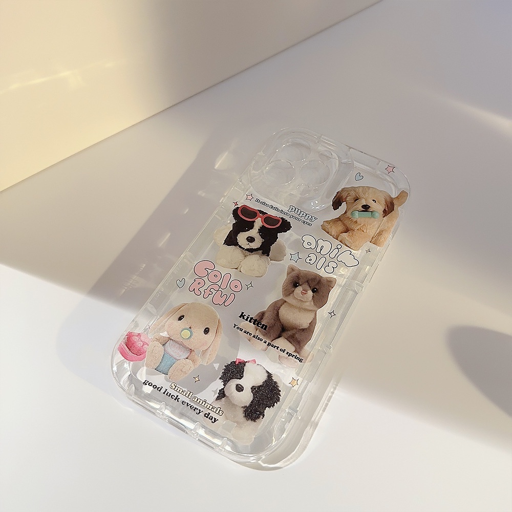 IPHONE Ins Cute Puppy Dog Kitten Cat Mainan Casing Ponsel Transparan Cover Dengan Film Glitter Untuk Iphone11 12 13 14 PLUS PRO MAX