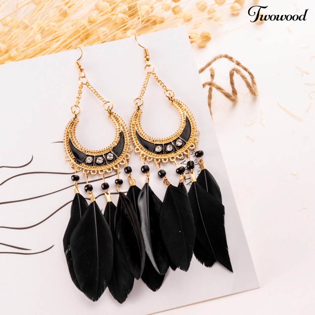 Twowood 1pasang Lady Drop Anting Gaya Bohemia Etnik Bulu Sintetis Indah Lady Boho Menjuntai Anting Prom Perhiasan