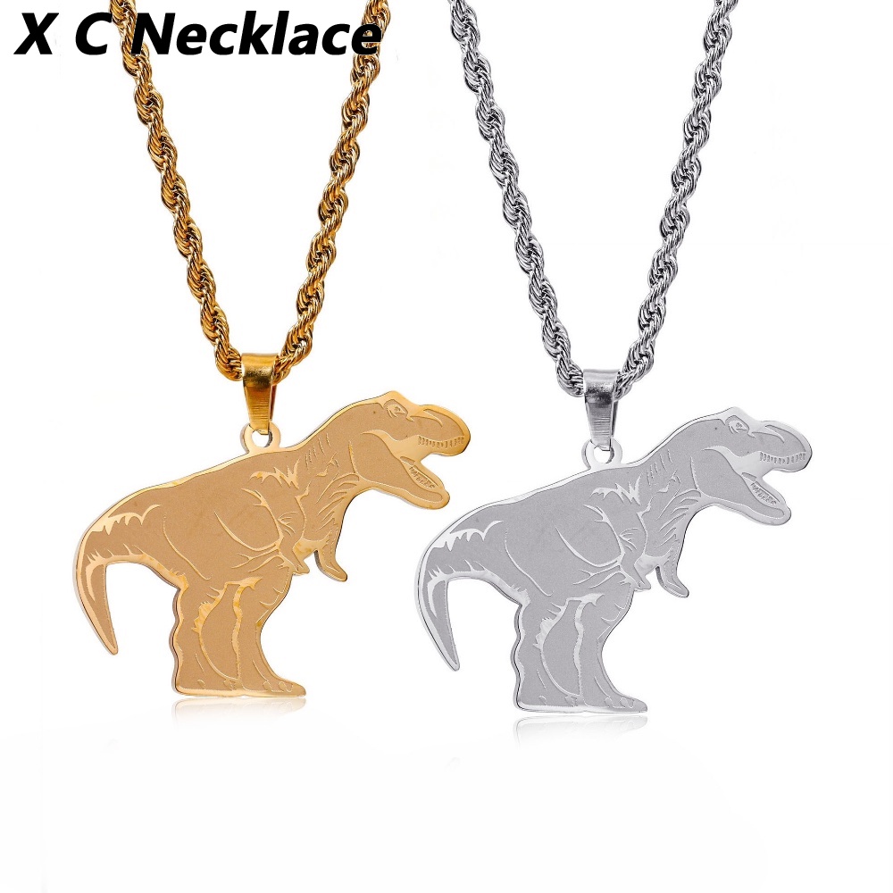 [X C Kalung] Emas &amp; Perak Baru Hip-hop Punk Retro Tyrannosaurus Rex Desain Dinosaurus Titanium Steel Liontin Kalung Anti Karat Untuk Pria Dan Wanita Perhiasan Hadiah Liburan