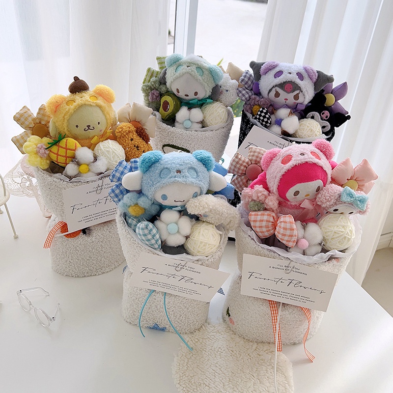 Handmade Sanrio Plush Bouquet My Melody Kuromi Cinnamoroll Kt Kucing Boneka Mewah Mainan Valentine Wisuda Kekasih Buket Bunga