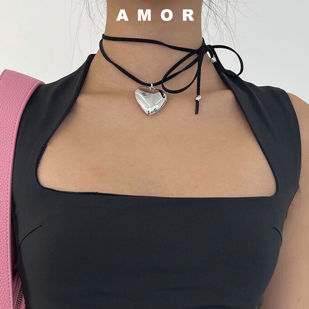 Metal Heart bow sexy Gaya Korea Tali Hitam choker Kalung Pendan