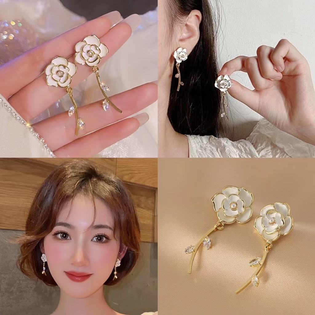 Anting Temperamen Canggih S925 Perak Jarum Putih Anting Kamelia Gunung
