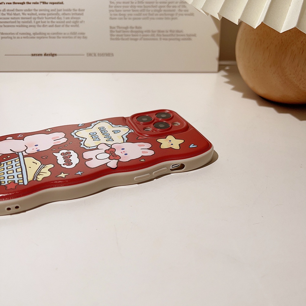 IPHONE Kartun Belanja Bunny Kelinci Anggur Merah Berbentuk Gelombang Perlindungan Penuh Casing Ponsel Cover Untuk Iphone11 12 13 14 PLUS PRO MAX