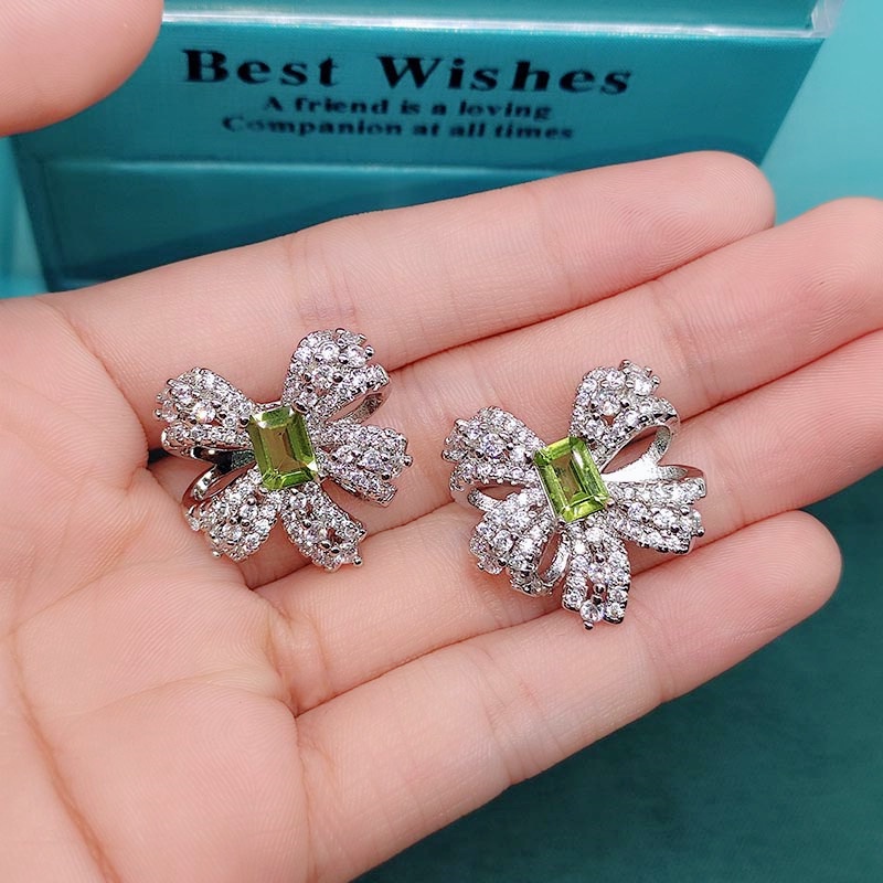 Goldkingdom Aksesoris Perhiasan Fashion Ready Stock, Kalung Busur Peri Super, Anting Stud Peridot, Cincin Harta Karun Warna Terbuka