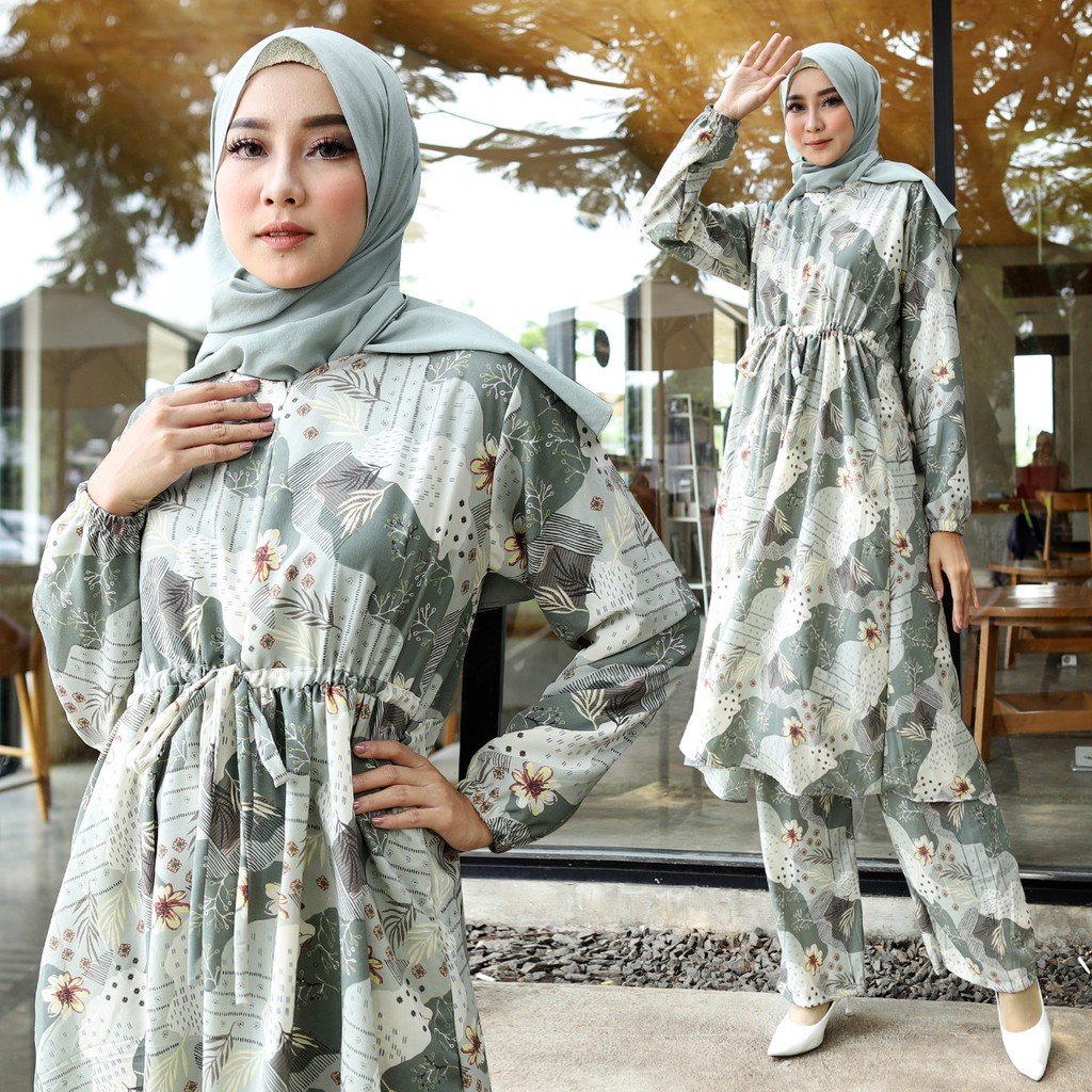 Daunpandan One Set Celana Kulot Kaos Wanita Kayla Atasan Knit Import Kaos Sage Green Jumbo Ld 110 12