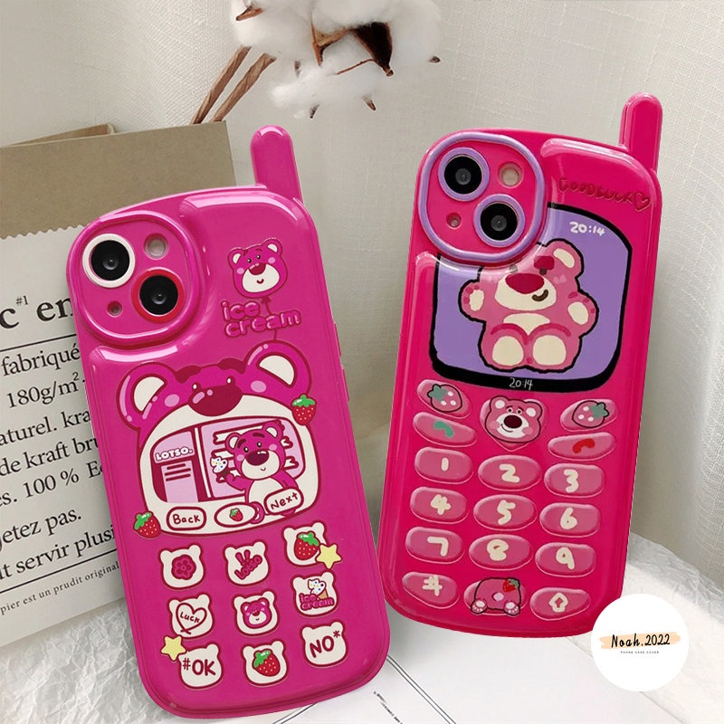 IPHONE Casing Kompatibel Untuk Iphone11Xr 78 Plus 12 13 14 11 Pro MAX X XS MAX SE 2020 Kartun Lucu Strawberry Bear Manyo Kepribadian Retro Bentuk Ponsel Ponsel Lembut Glossy Phone Cover