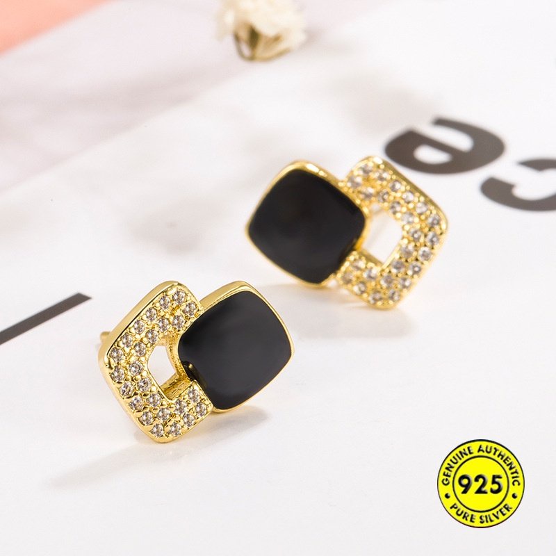 18k Emas Fashion Retro Berlian Hitam Anting Persegi Rasa Tinggi Anting Perak U1814