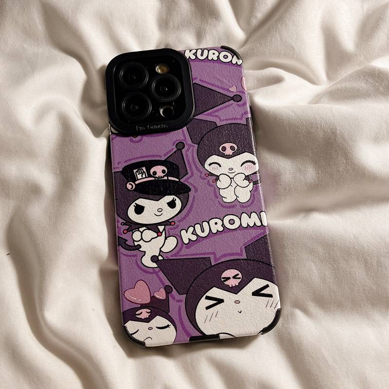 Soft sheepskin Leather Case IPhone 6S 7 8 Plus SE 2020 X XR XS Max 11 12 13 14 Pro Max 14 Plus Camera Protect for Girl women Cute Cartoon Purple Kuromi