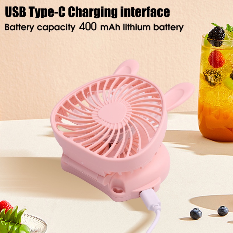 Kipas Genggam Bentuk Kelinci Dengan Lanyard Leher Gantung/ USB Rechargeable Foldable Desktop Mini Cooling Fan