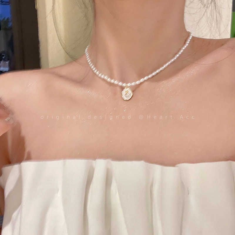 Vintage Pearl Beads Necklace Rose Coin Kalung Liontin Emas Untuk Wanita Aksesoris Perhiasan