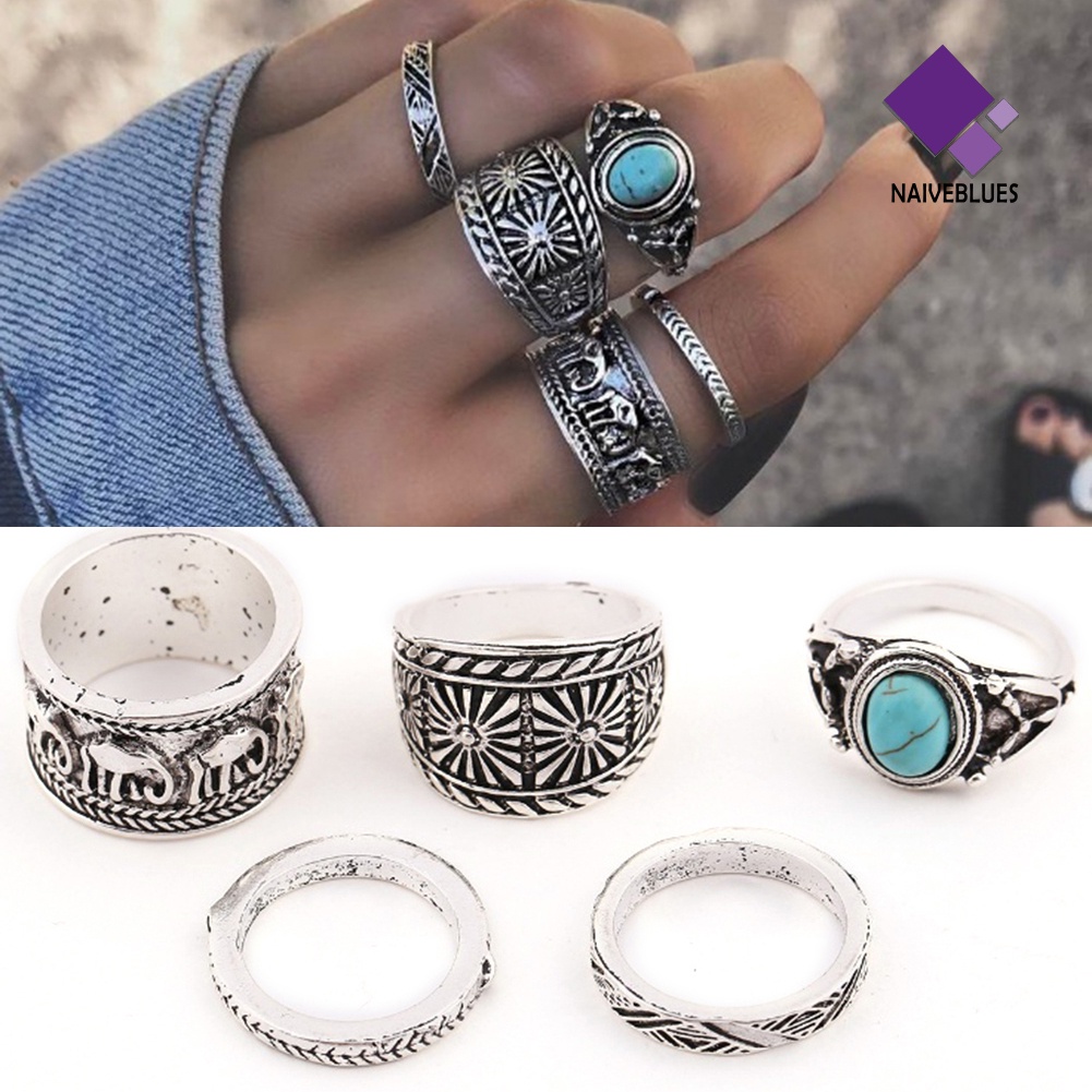 &lt; Naiveblues &gt; 5Pcs/Set Cincin Buku Jari Wanita Gajah Pirus Ukir Vintage Susun