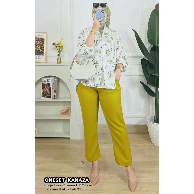 Kanaza Set - One Set Wanita Kemeja Rayon Diamond Kombinasi Shakila Twill Premium Setelan Baju Lengan 7/8 Set Celana Panjang Kekinian LD 110 cm