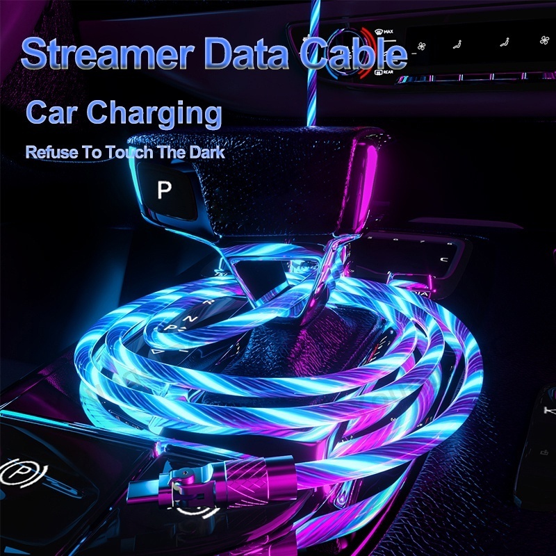 180°Rotation Elbow Glowing Fast Charge Kabel 120W Nightclub Streaming USB Quick Charge Line 6A Kabel Pengisian Transmisi Data