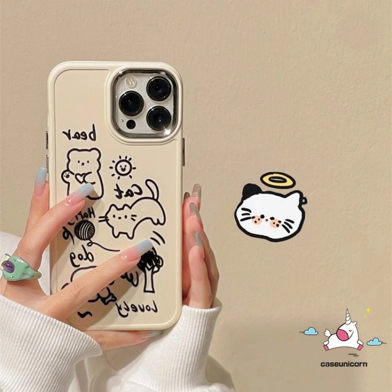 IPHONE Art Kartun Graffiti Flower Phone Case Kompatibel Untuk Iphone11 13 14 12 Pro Max XR 7Plus 8 7 Plus X XS Max Cinta Hati Kucing Anjing Lucu Beruang Plating Metal Frame Lensa Soft Cover