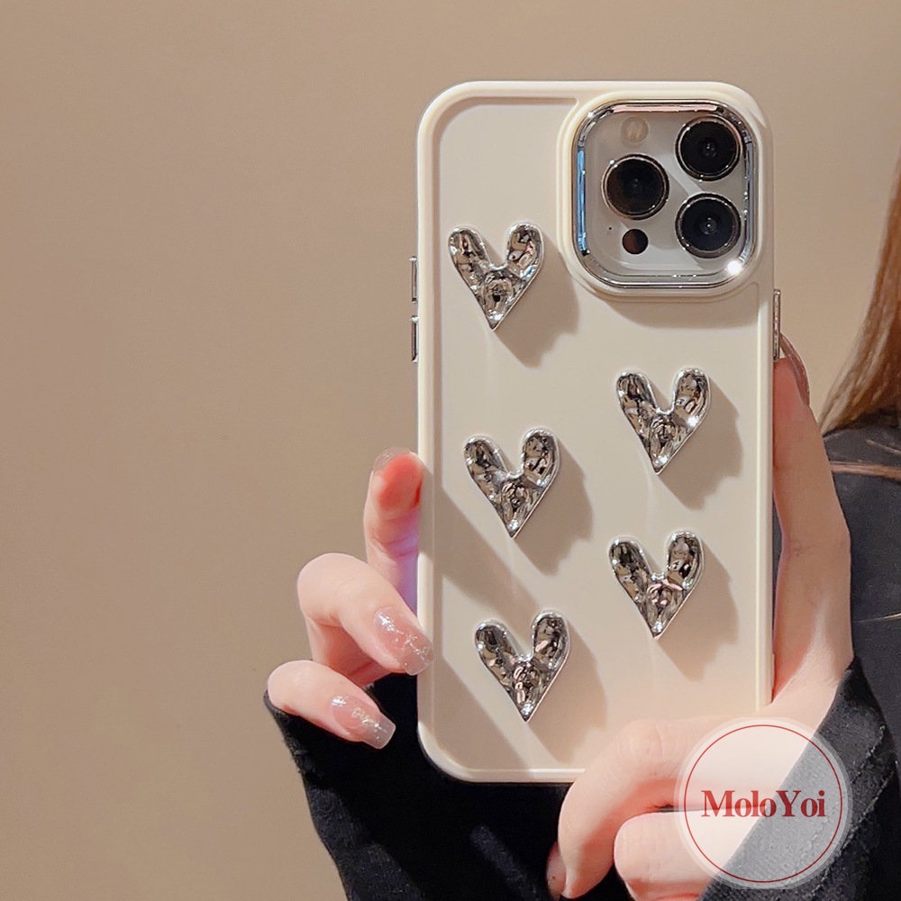 IPHONE Casing Persegi Plating Cinta Hati 3D Kompatibel Untuk Iphone11 13 14 12 Pro MAX 7Plus XR X 8Plus XS MAX Mewah Mode Canggih Sederhana Warna Solid Macaron Warna Permen Lembut Ponsel Cover