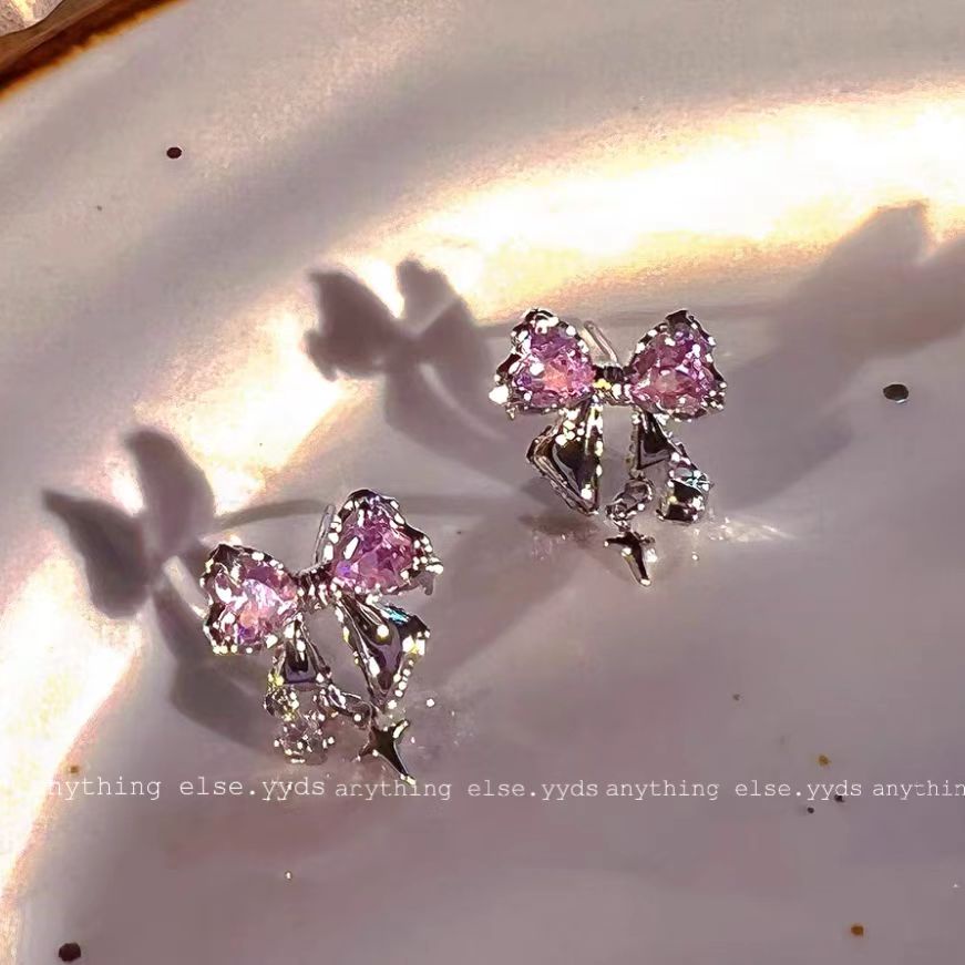 Y2k Bow Kalung Pink Kristal Kupu-Kupu Anting Perak Rings Untuk Wanita Fashion Perhiasan Aksesoris