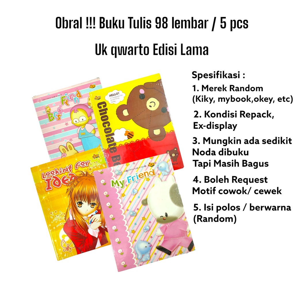 OBRAL Buku Tulis 98 Lembar Isi 5 pcs Random Merek AA Tiara Ibook Kiky MyBook Bigboss Dodo Sidu  Obra