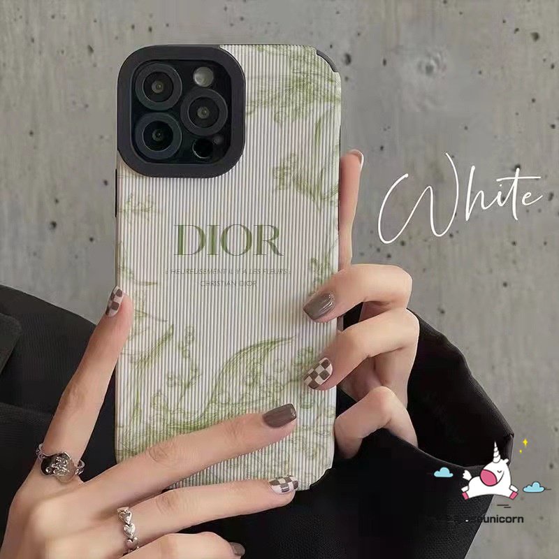 Retro Flowers Shockproof Case Kompatibel Untuk IPhone 7Plus 11 13 12 14 Pro Max7 8 Plus XR X XS MAX Trendi Merek D.I.O.R Retro Hijau Ringer Kisi Lembut Mewah Tekstur Kulit Case