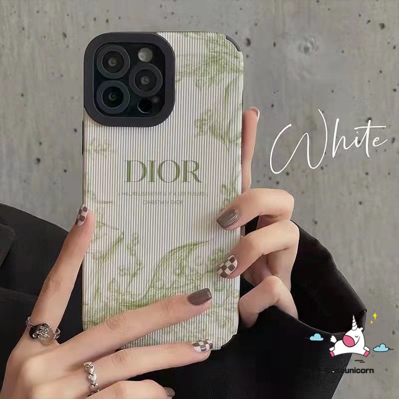 IPHONE Luxury Retro Hijau Ringer Lattice Shockproof Case Kompatibel Untuk Iphone11 13 XR 12 14 Pro 7Plus Max7 8 Plus X XS MAX Retro Flowers Trendi Merek D.I.O.R Lembut Tekstur Kulit Cover