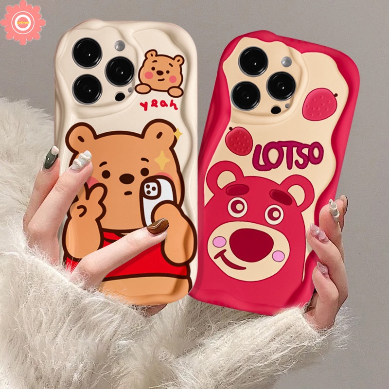 Untuk Realme C53 C15 C31 C21Y C25Y C20 C33 C25s C11 C30 C21 C12 C35 C55 5 C25 9i 5i 7i 6i 5s C3 C17 Cute Strawberry Bear Manyo Kartun Winnie the Pooh Lembut 3D Wavy Curved Edge Case