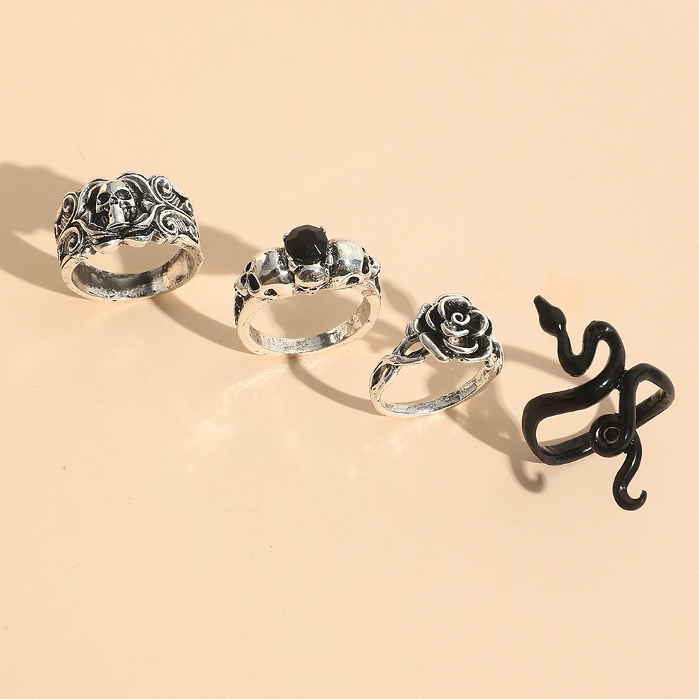 Gothic Fashion Skeleton Hovering Snake Ring Untuk Wanita Pria Punk Rose Skull Unisex Rings Perhiasan Aksesoris Hadiah Pesta