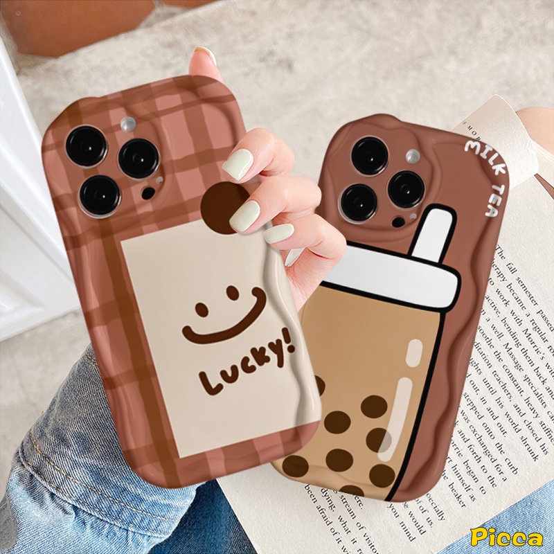 Casing Untuk Oppo A95 A57 A74 A17 A77 A1k A92 A53 A3s A15 A16 A96 A17k A54s A9 A5 A5s A31 A16s A52 A77s A76 A16K A16E Kartun Teh Susu Lucky Lattice Smiley 3D Bergelombang Lengkung Penutup Tepi