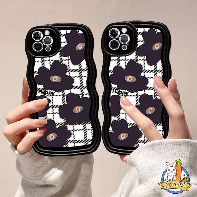 IPHONE Casing Kompatibel Untuk Iphone14 13 12 11 Pro Max X Xr Xs Max8 7 6 6s Plus SE 2020 Retro Hitam Camellia Bertekstur Tepi Gelombang Casing Ponsel Cakupan Penuh Perlindungan Lensa Shockproof Case