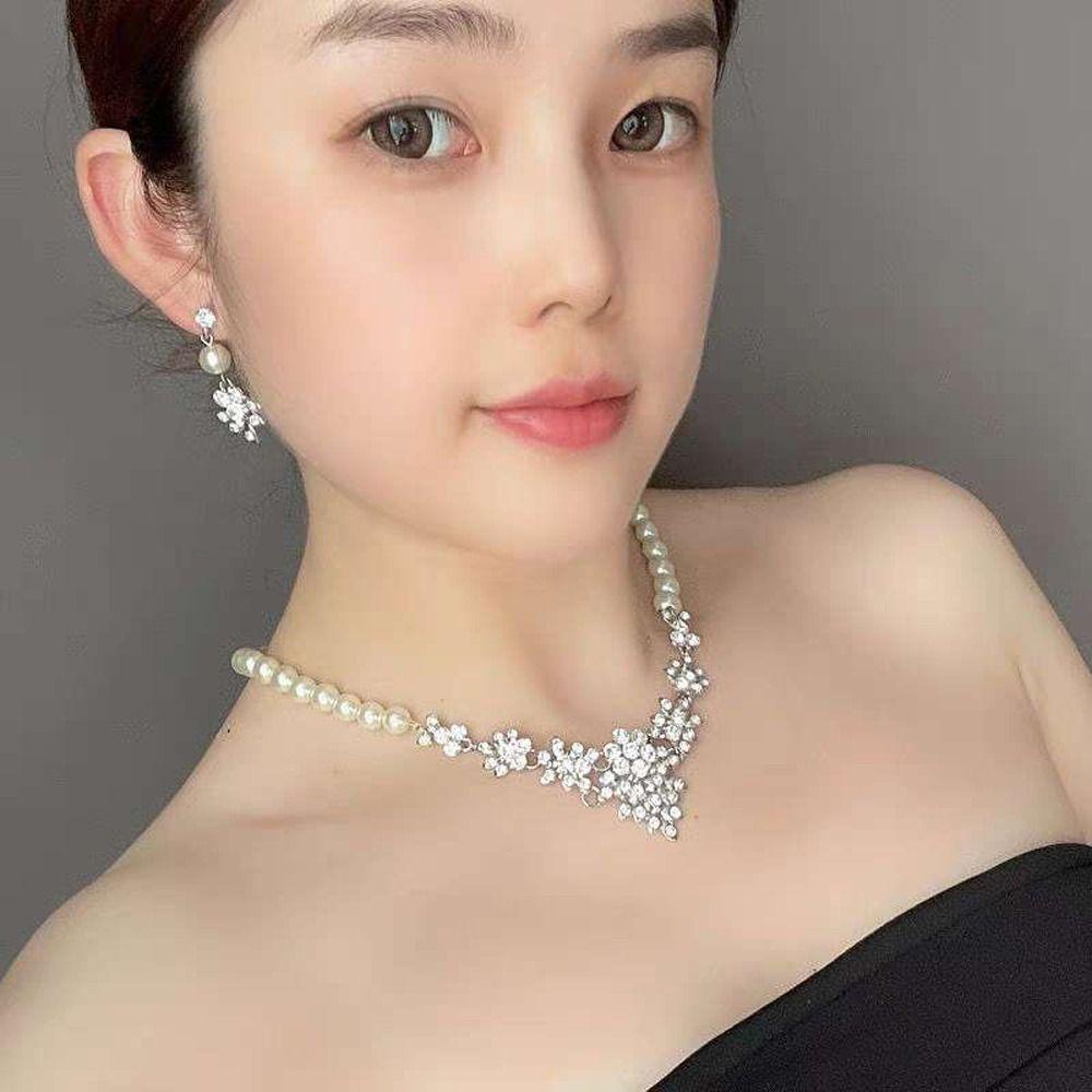 Needway  Set Perhiasan Pernikahan Pengantin Indah Mutiara Halus Berlian Imitasi Alloy Vintage Menjuntai Anting